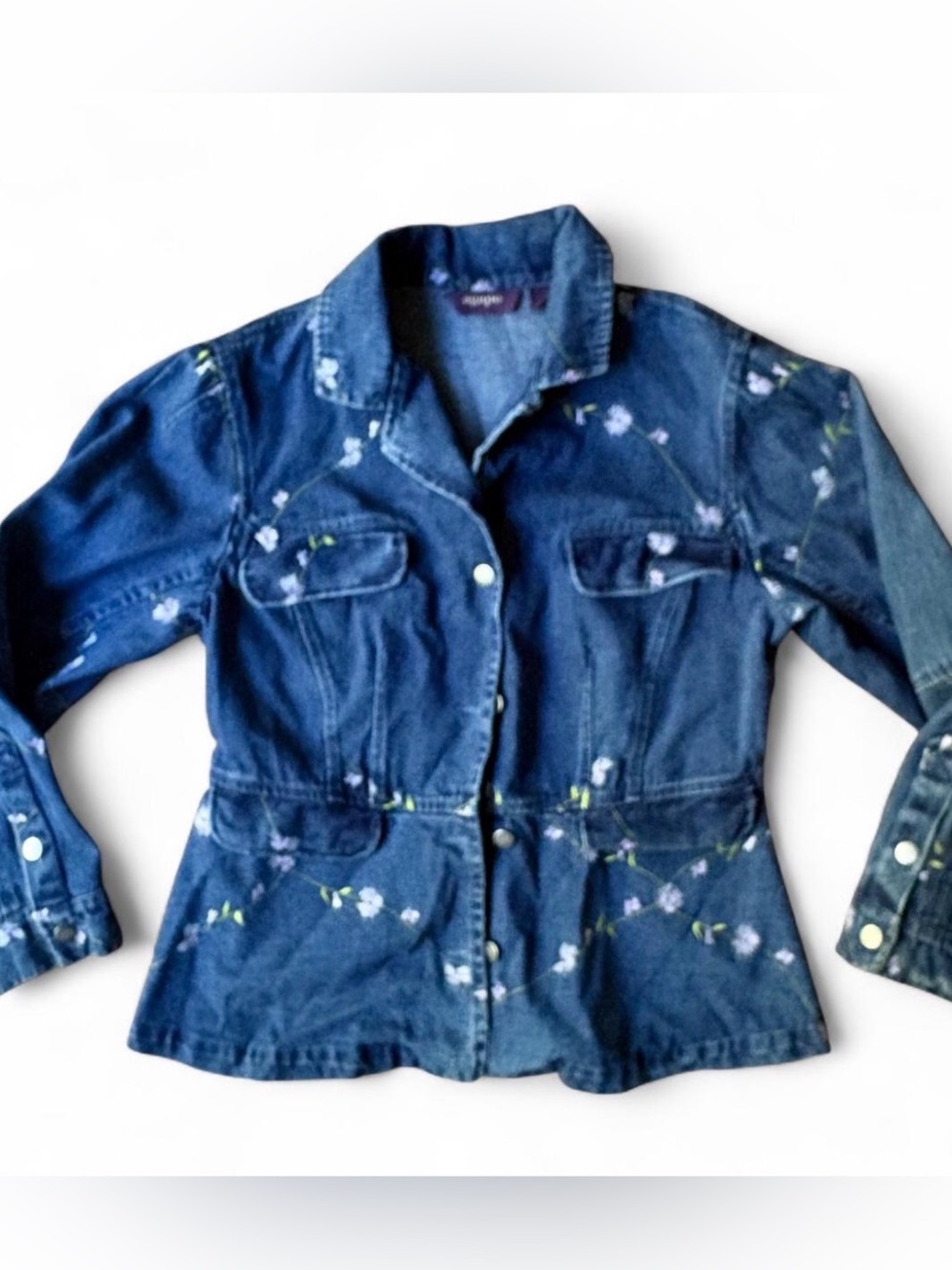 Floral Embroidered Agapo Embroidered Denim Jacket Fitted Dark Wash Size L Vtg